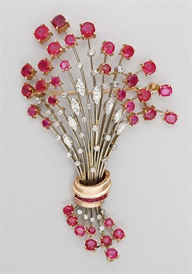 Lot 284 - Two-Color Gold, Ruby and Diamond Spray Brooch