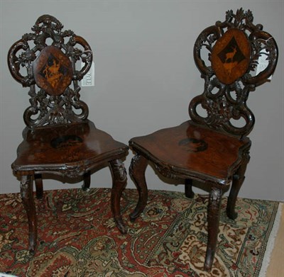 Lot 3232 - Pair of Swiss Marquetry Inlaid Walnut Hall Chairs