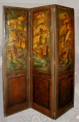 Lot 142 - Polychrome Decorated Leather Three-Panel...