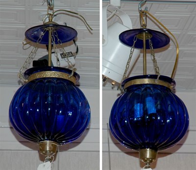 Lot 3396 - Pair of Cobalt Glass Two-Light Hanging Hall...