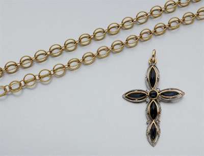 Lot 18 - Gold Chain Necklace with Cabochon Sapphire and Diamond Cross Pendant
