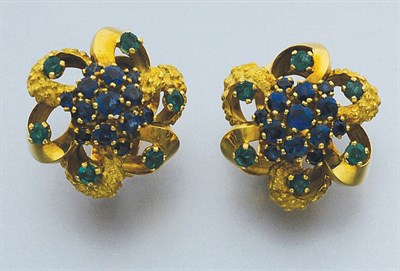 Lot 62 - Pair of Gold, Sapphire and Emerald Earclips
