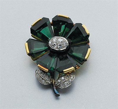 Lot 46 - Tourmaline and Diamond Flower Clip-Brooch