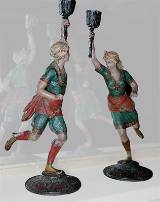 Lot 209 - Pair of Painted Metal Figural Candlesticks One...