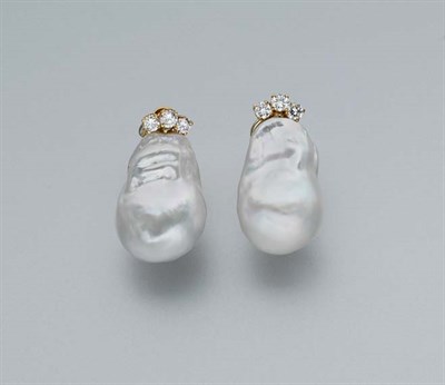 Lot 414 - Pair of Baroque Cultured Pearl and Diamond Earclips