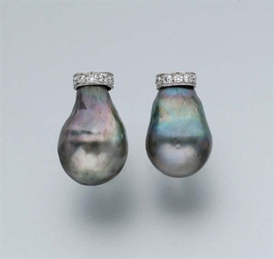 Lot 415 - Pair of Black Baroque Cultured Pearl and Diamond Earclips