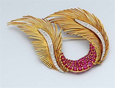 Lot 732 - Gold, Ruby and Diamond Feather Brooch