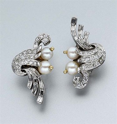 Lot 924 - Pair of Cultured Pearl and Diamond Earclips