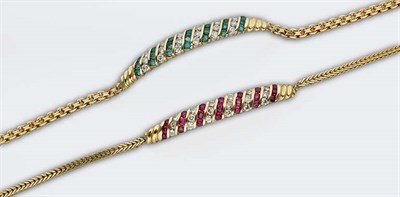Lot 908 - Pair of Gold, Ruby, Emerald and Diamond Bracelets