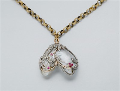 Lot 563 - Baroque Cultured Pearl, Diamond and Ruby Pendant with Antique Gold Chain