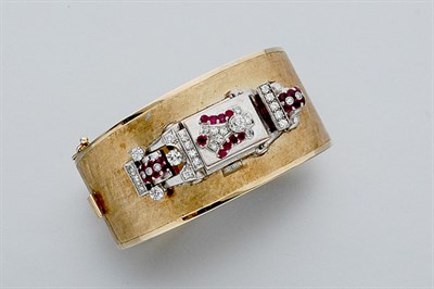 Lot 504 - Two-Color Gold, Ruby and Diamond Watch Cuff Bangle