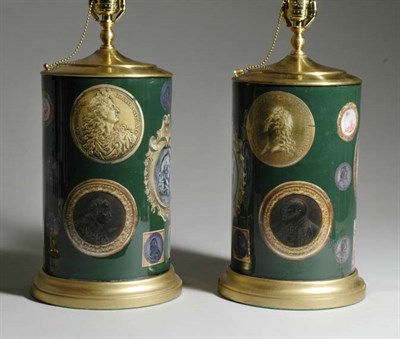 Lot 4179 - Pair of Green Decoupage Single-Light Lamps...