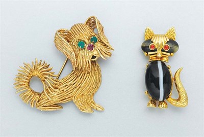 Lot 37 - Gold, Agate, Cat's Eye Diopside and Citrine Cat Brooch and Gold, Dyed Green Chalcedony and Ruby Dog  Brooch