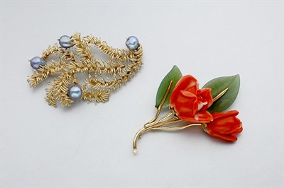 Lot 568 - Gold and Dyed Gray Cultured Pearl Brooch and Carved Coral and Nephrite Brooch