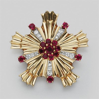 Lot 117 - Gold, Ruby and Diamond Clip-Brooch