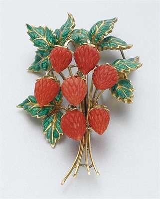 Lot 31 - Gold, Green Enamel and Carved Coral Strawberry Brooch
