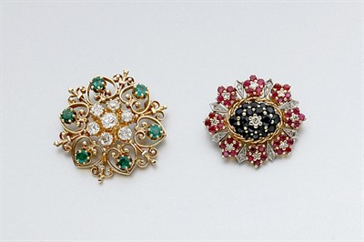 Lot 730 - Two Gold, Diamond and Gem-Set Brooches