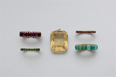 Lot 764 - Four Gem-Set Band Rings and Citrine Pendant