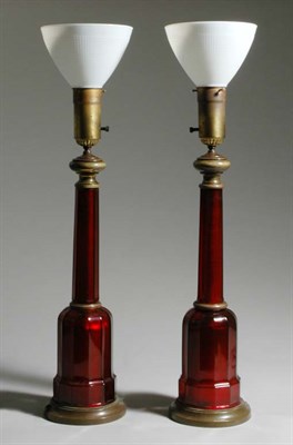 Lot 3255 - Pair of Red Glass Columnar Lamps Height 27 1/2...