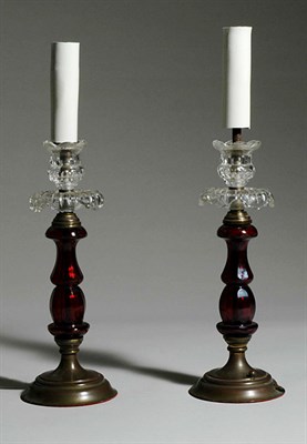 Lot 3200 - Pair of Claret and Clear Glass Candlestick...