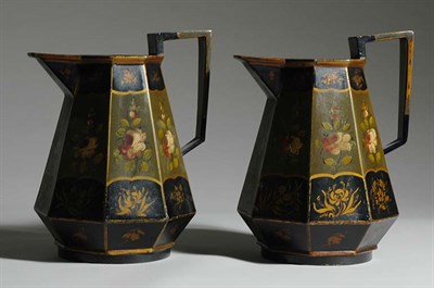 Lot 3267 - Pair of Floral Decorated Tole Pitchers Height...