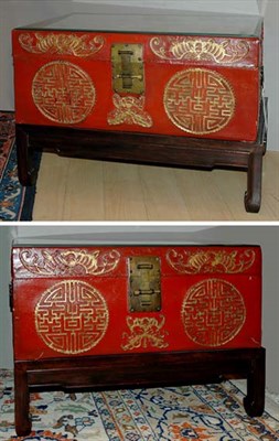 Lot 4385 - Pair of Chinese Red Lacquered Boxes on Stands...