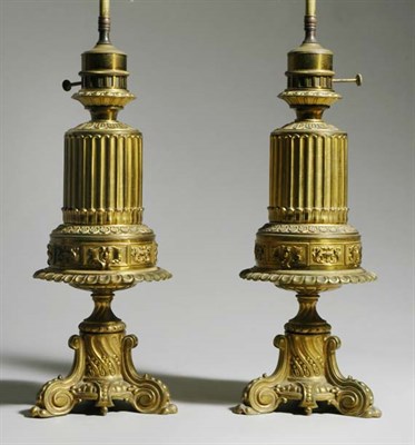 Lot 3296 - Pair of Gilt-Metal Columnar Two-Light Lamps...