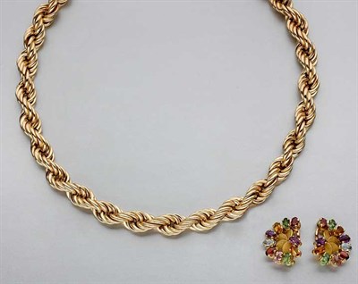 Lot 420 - Gold Rope Chain Necklace and Pair of Colored Stone Earclips