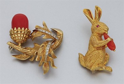 Lot 303 - Gold and Coral Rabbit Brooch and Coral and Diamond Acorn Brooch