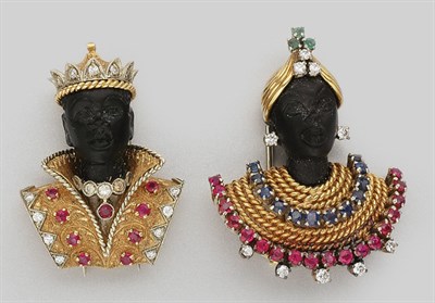 Lot 333 - Two Gold, Gem-Set and Diamond Blackamoor Clip-Brooches
