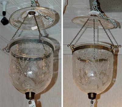 Lot 3407 - Pair of Etched Glass Hanging Hall Lanterns