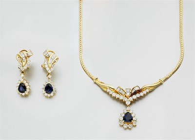 Lot 882 - Gold, Sapphire and Diamond Pendant-Necklace and Pair of Pendant-Earrings