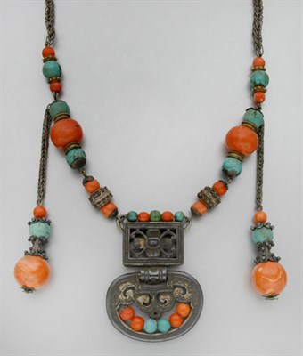 Lot 579 - Silver, Turquoise and Coral Bead Pendant-Necklace