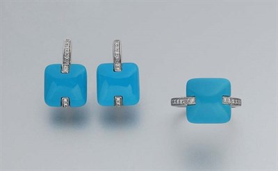Lot 396 - Pair of Treated Turquoise and Diamond Earrings and Ring