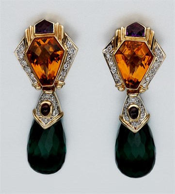 Lot 2219 - Pair of Gold, Synthetic Green Quartz, Gem-Set and Diamond Pendant-Earrings