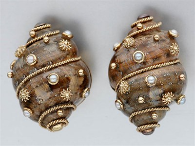 Lot 475 - Pair of Gold, Shell and Split Pearl Earrings