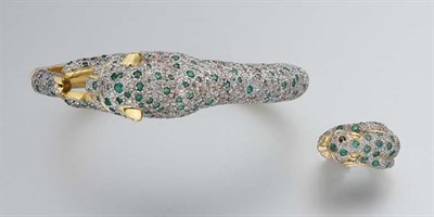 Lot 883 - Two-Color Gold, Diamond and Emerald Leopard Ring and Bangle
