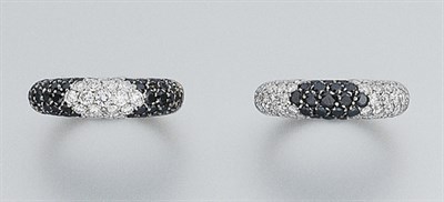 Lot 397 - Pair of Diamond and Black Diamond Bombe Rings