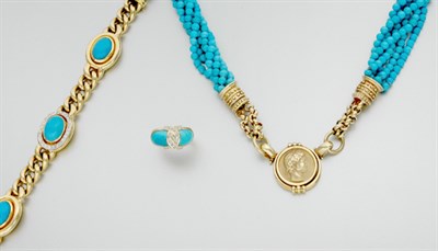 Lot 389 - Group of Gold, Treated Turquoise and Diamond Jewelry