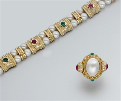 Lot 803 - Gold, Mabe Pearl and Gem-Set Ring and Double Strand Cultured Pearl, Gem-Set and Diamond Bracelet