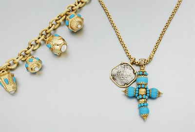 Lot 848 - Gold and Treated Turquoise Cross and Silver Medallion Pendant Necklace and Charm Bracelet