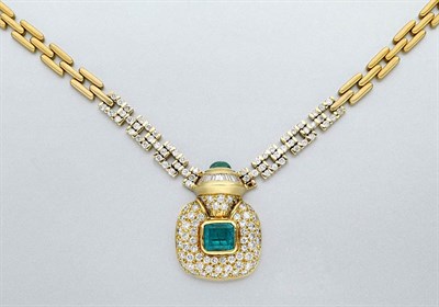 Lot 826 - Gold, Emerald and Diamond Pendant Necklace