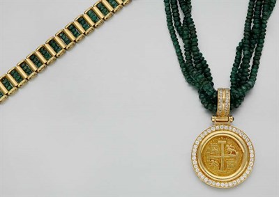 Lot 825 - Four Strand Emerald Bead Necklace with Gold and Diamond Medallion Pendant and Emerald Bead Bracelet