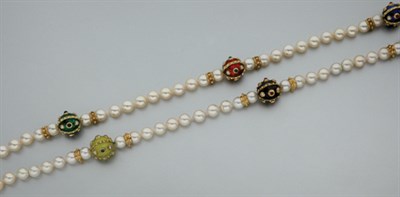 Lot 291 - Gold, Cultured Pearl, Gem-Set, Diamond and Enamel Toggle Necklace