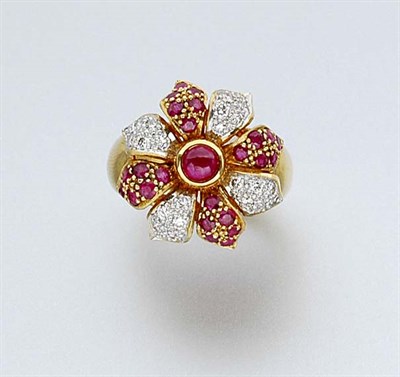 Lot 441 - Gold, Ruby and Diamond Flower Ring