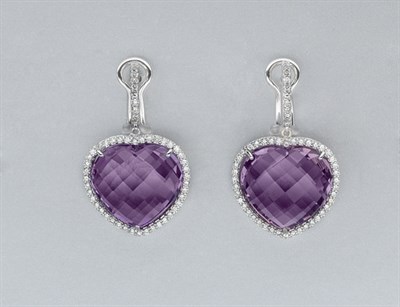 Lot 648 - Pair of Amethyst and Diamond Pendant-Earrings