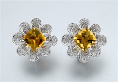 Lot 833 - Pair of Citrine and Diamond Flower Earrings