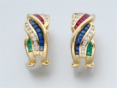 Lot 738 - Pair of Gold, Gem-Set and Diamond Half-Hoop Earclips