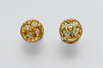 Lot 855 - Pair of Yellow Sapphire and Diamond Earrings