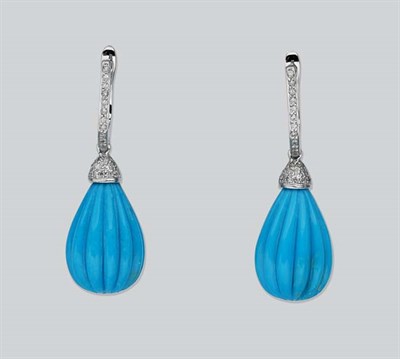 Lot 597 - Pair of Fluted Turquoise and Diamond Pendant-Earrings